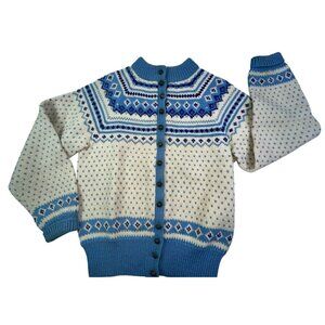 Handmade Denmark Nordic Cardigan Sweater Women's Blue Cream Silver Buttons M